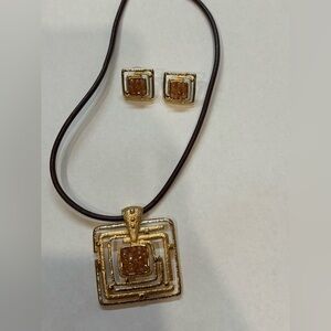 Gold and Brown Geometric Necklace and Earring Set